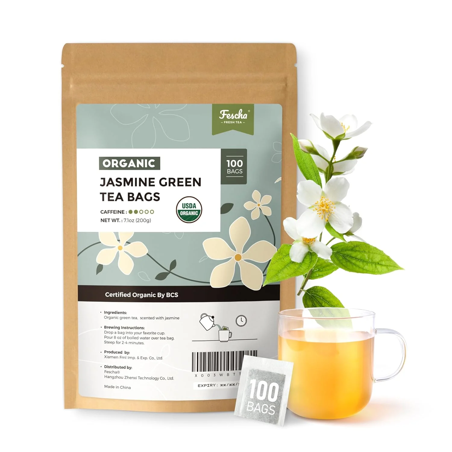 Casual Fescha Organic Jasmine Green Tea Bags Flower-scented Tea 100-count Eco-Conscious Tea Bags Packed by Resealable Kraft Bag Professional