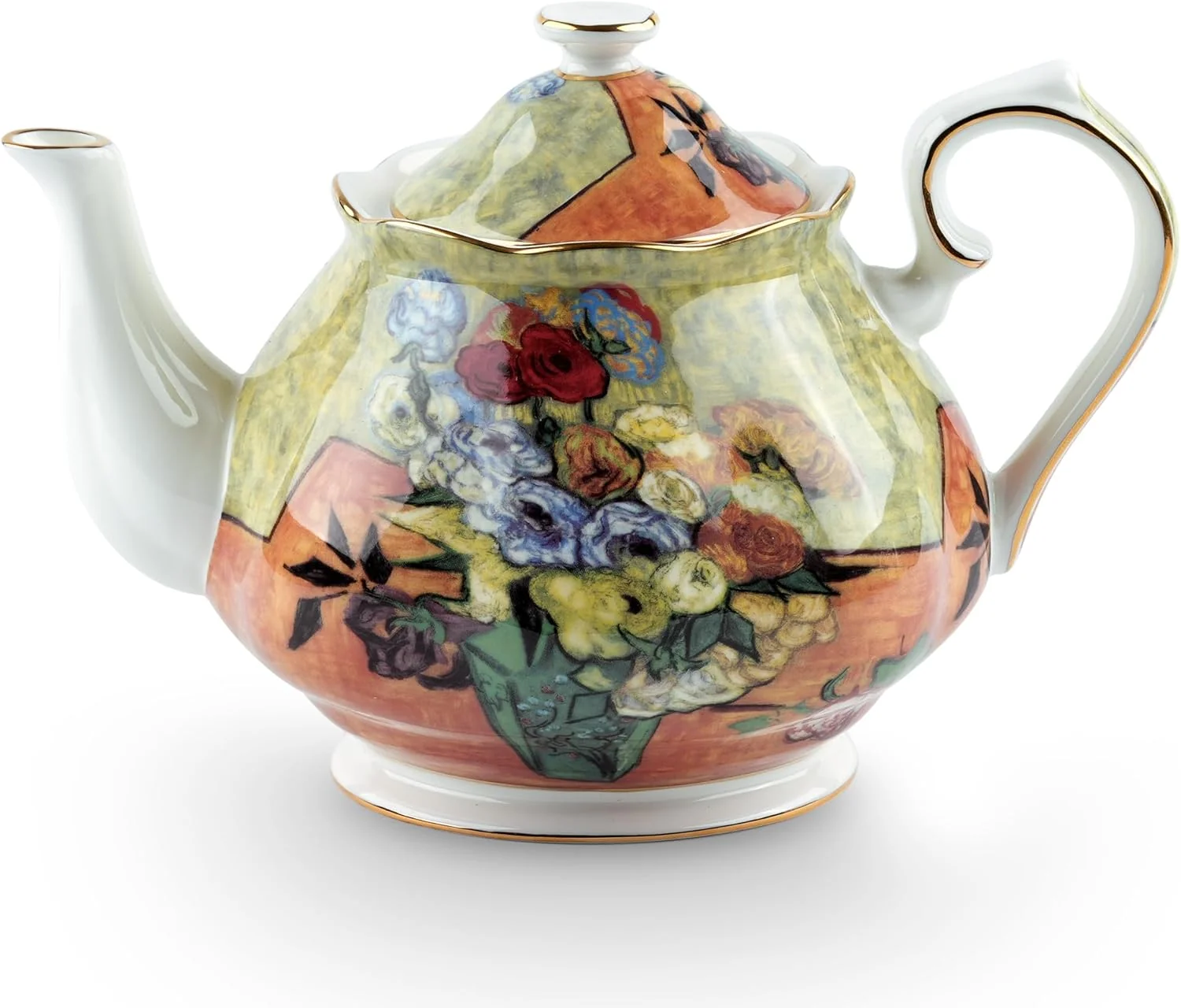 Stylish Teapot 30 oz Van Gogh Paintings Bone China Loose Tea Pot Floral Design Vintage Ceramic Coffee Water Pot European Style Porcelain Flower Vase Next-Generation