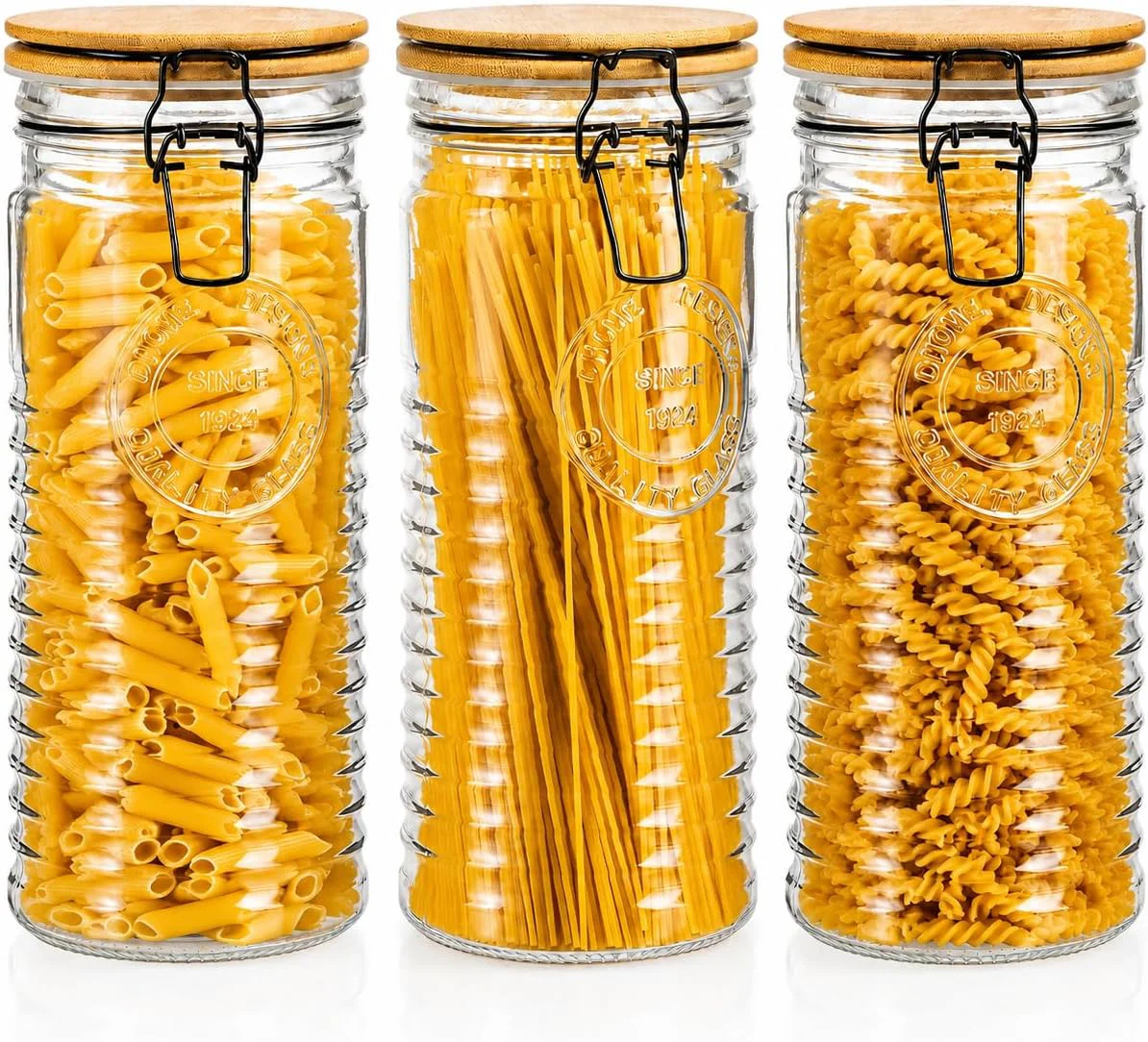 Detailed kitchentoolz Tall Glass Pasta Storage Containers with Airtight Clasp Lids - Set of 3 Glass Spaghetti Storage Containers for - 56 Ounce Pantry Organizing Canister Set - 9.75 Inch Tall Carefully Designed