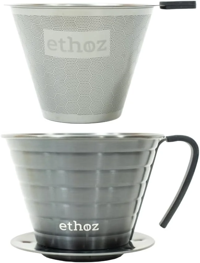 Original Design Ethoz® Pour Over Coffee Maker – Sustainable Stainless Steel Pour Over with Built-In Reusable Filter Flat Convex Bottom for Even Extraction Elite
