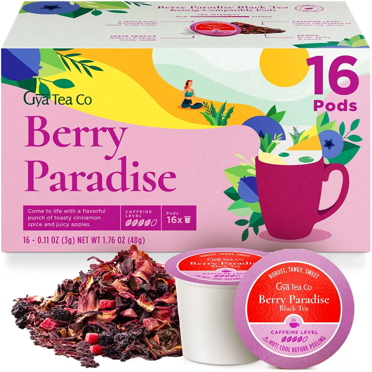 Selected Gya Tea Co Berry Paradise Black Tea Pod 16 ct - High Caffeinated Smooth Tea with Fruity Sweet for Refreshed Energy Certified