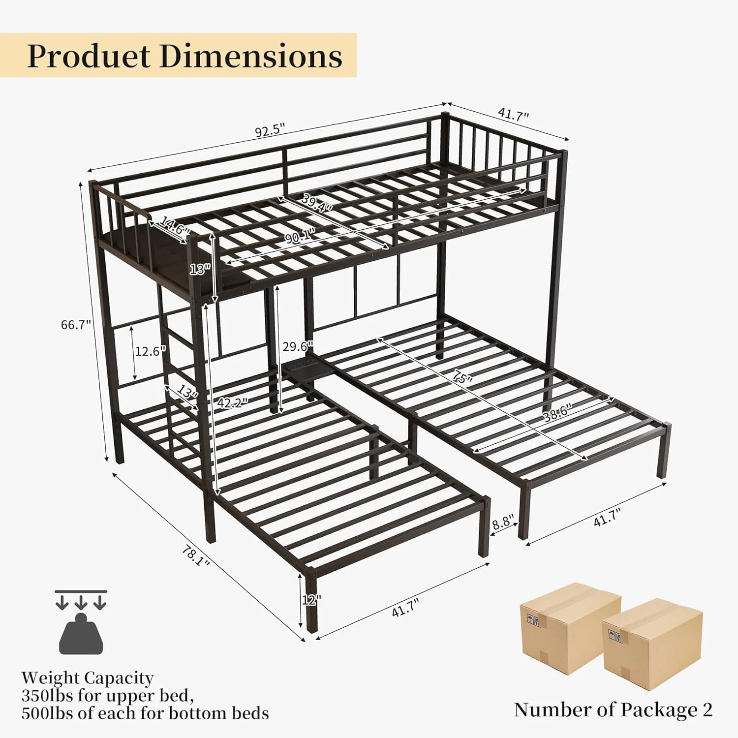 Secure Obsidian Black Triple Bunk Bed With Charging Station Long-Lasting