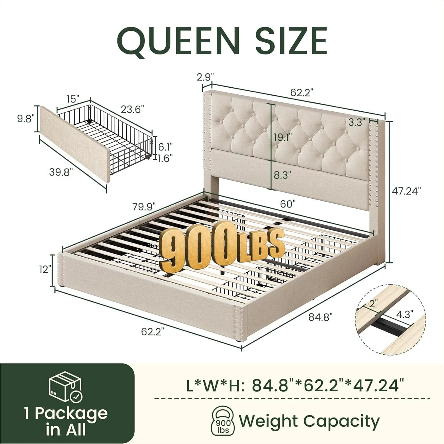 World-Class Queen Bed Frame Beige Linen Upholstered Storage Drawers Recyclable