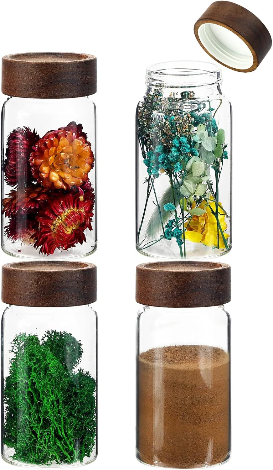 Casual 8 oz Small Glass Spice Jars with Airtight Wood Acacia Lid 4 PCS Clear Coffee Ground Storage Canister Round Glass Spice Jar for Pantry Sugar Tea Bean Nuts Cookies Salts Seasoning Reusable