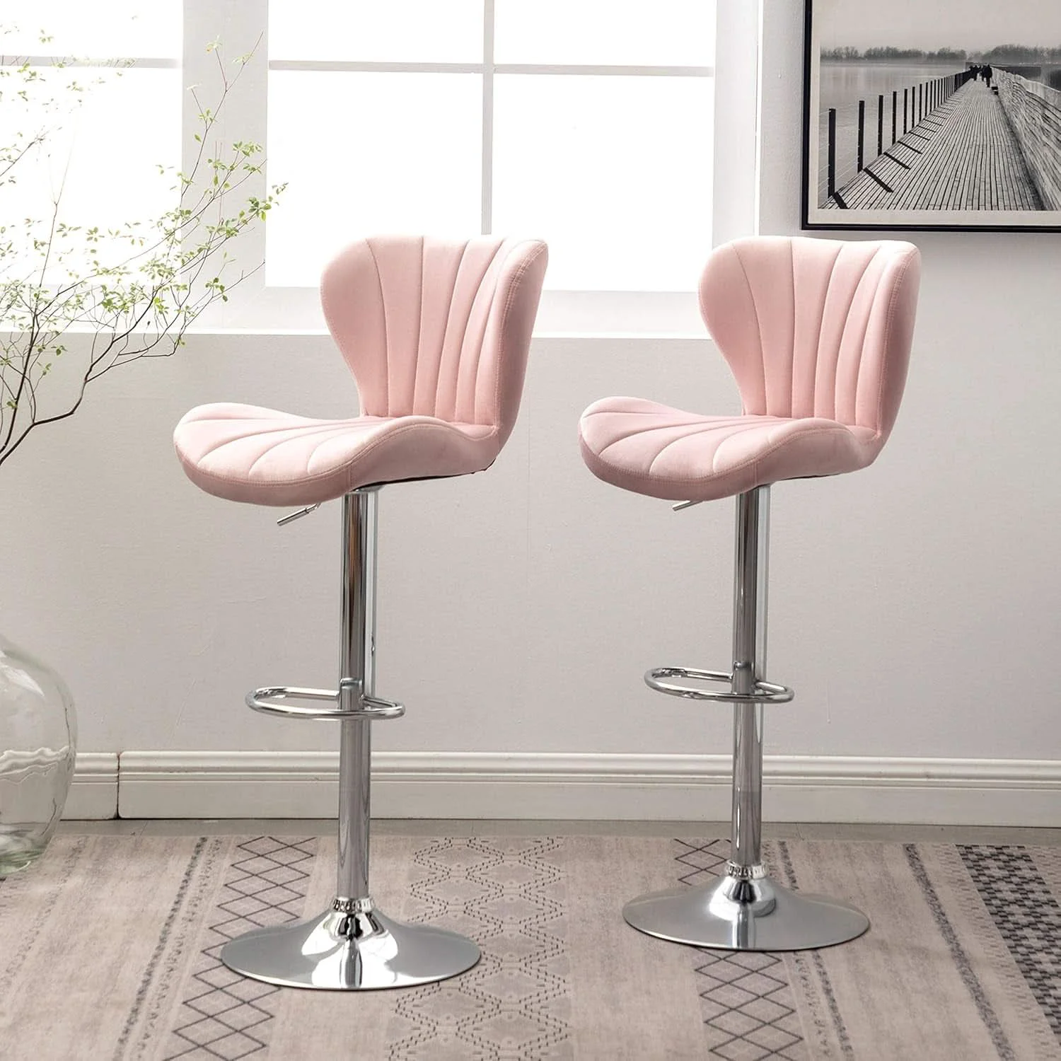 Crafted Pink Velvet Adjustable Swivel Barstools Set Of Two Exclusive