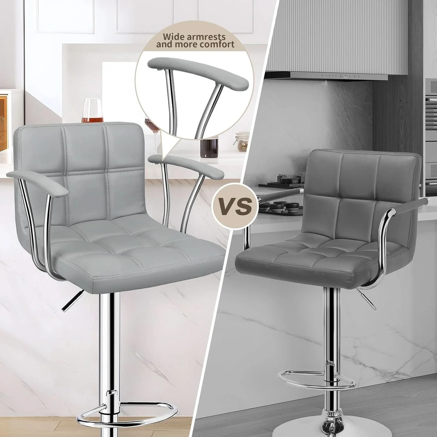 Breathable Counter Height Bar Stools Set 2 Armrest Swivel Leather Grey Reusable