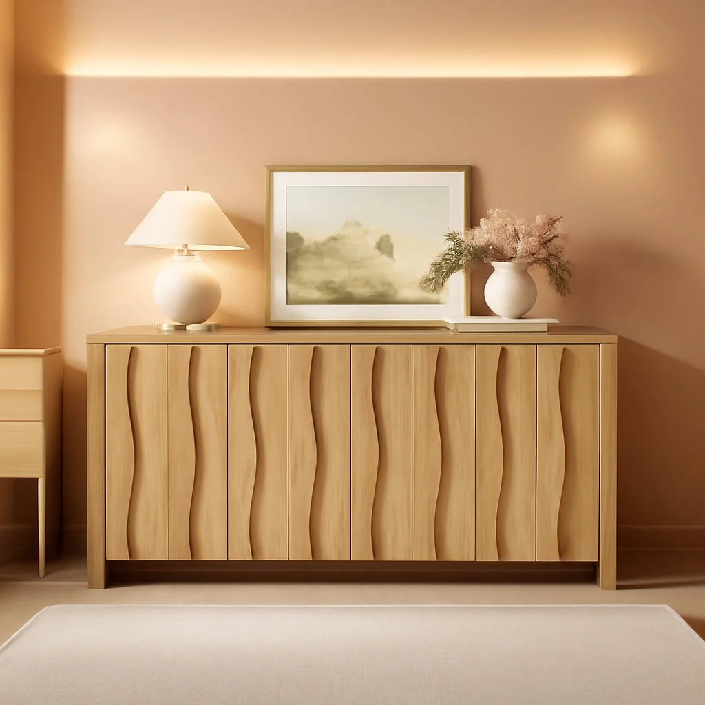 Stylish Natural Fluted Buffet Cabinet With Adjustable Shelves Genuine