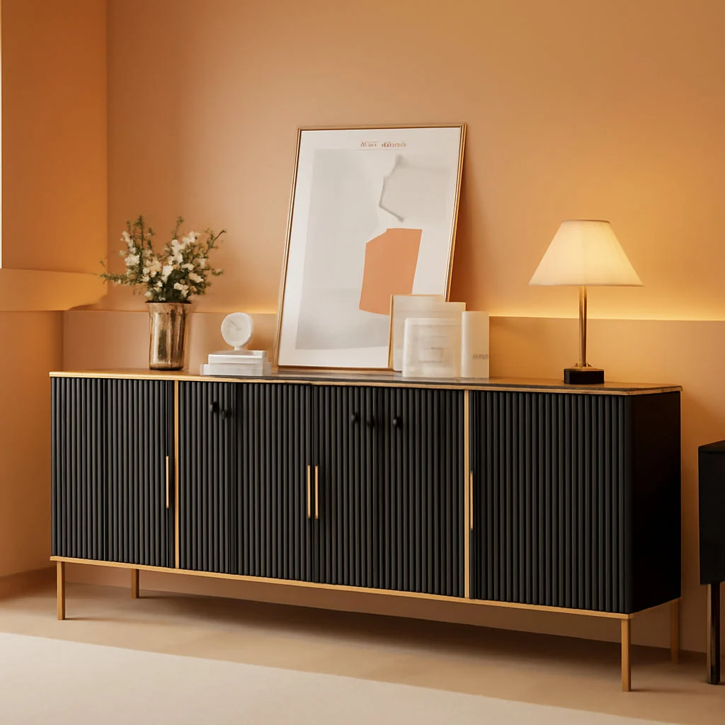 Prestigious 60Inch Black Fluted Buffet Cabinet Featuring Storage Casual