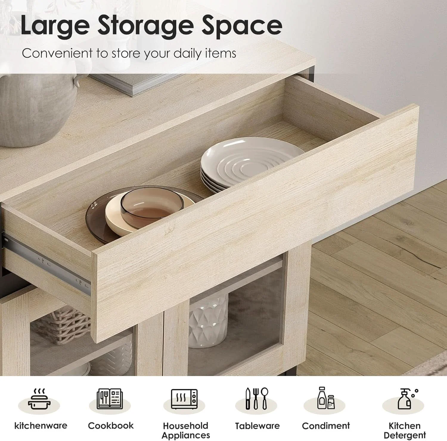 High-Grade Oak Sideboard Buffet With Glass Doors Light Finish Efficient
