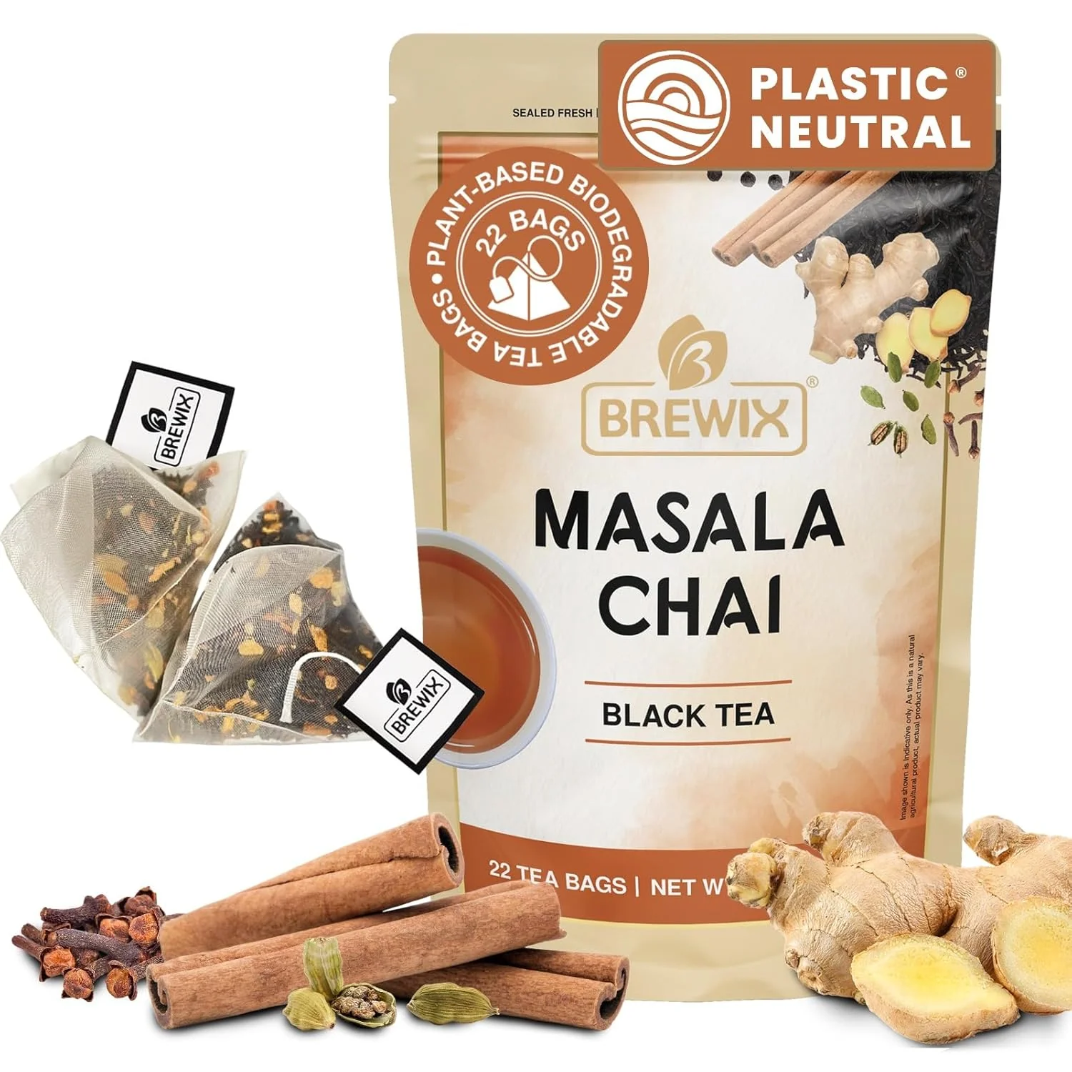 Traditional Brewix Masala Chai Tea Bags 22 Pyramid Tea Bags Strong Robust Spicy - Pure Ingredients Black Tea Cinnamon Ginger Black Pepper Stylish