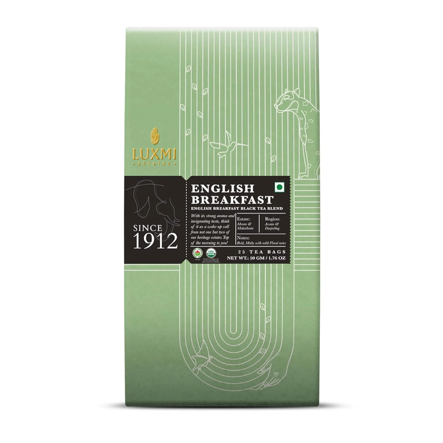 Luxmi Estates Tale of Two Estates Organic English Breakfast Tea 25 Tea Bags Caffeinated Tea Bags For A Morning Boost and Natural Energy Exceptional