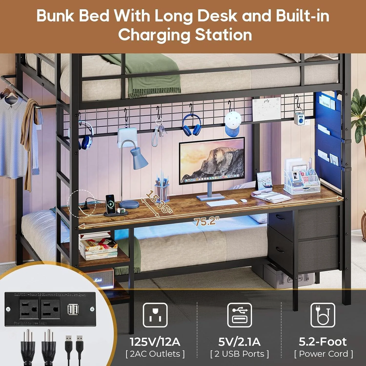 Authentic Black Full Over Twin Metal Bunk Bed With Desk LED Lights Professional