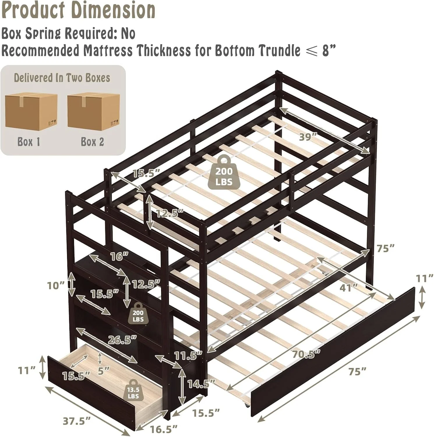 Relaxed Espresso Solid wood Twin Bunk Bed With Trundle Storage High-Performance