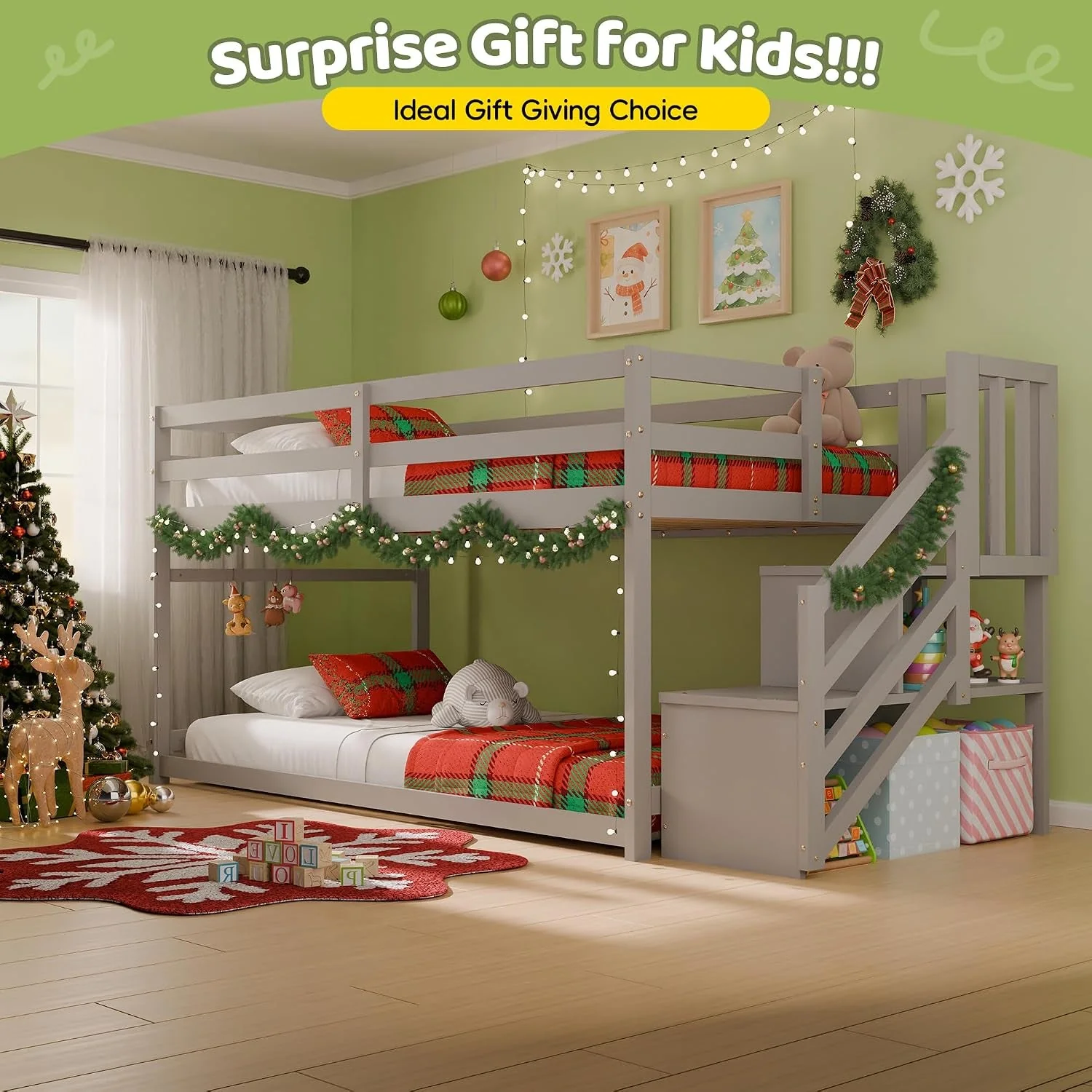 Classic Charcoal Gray Space Saving Twin Over Bunk Bed Staircase Dependable