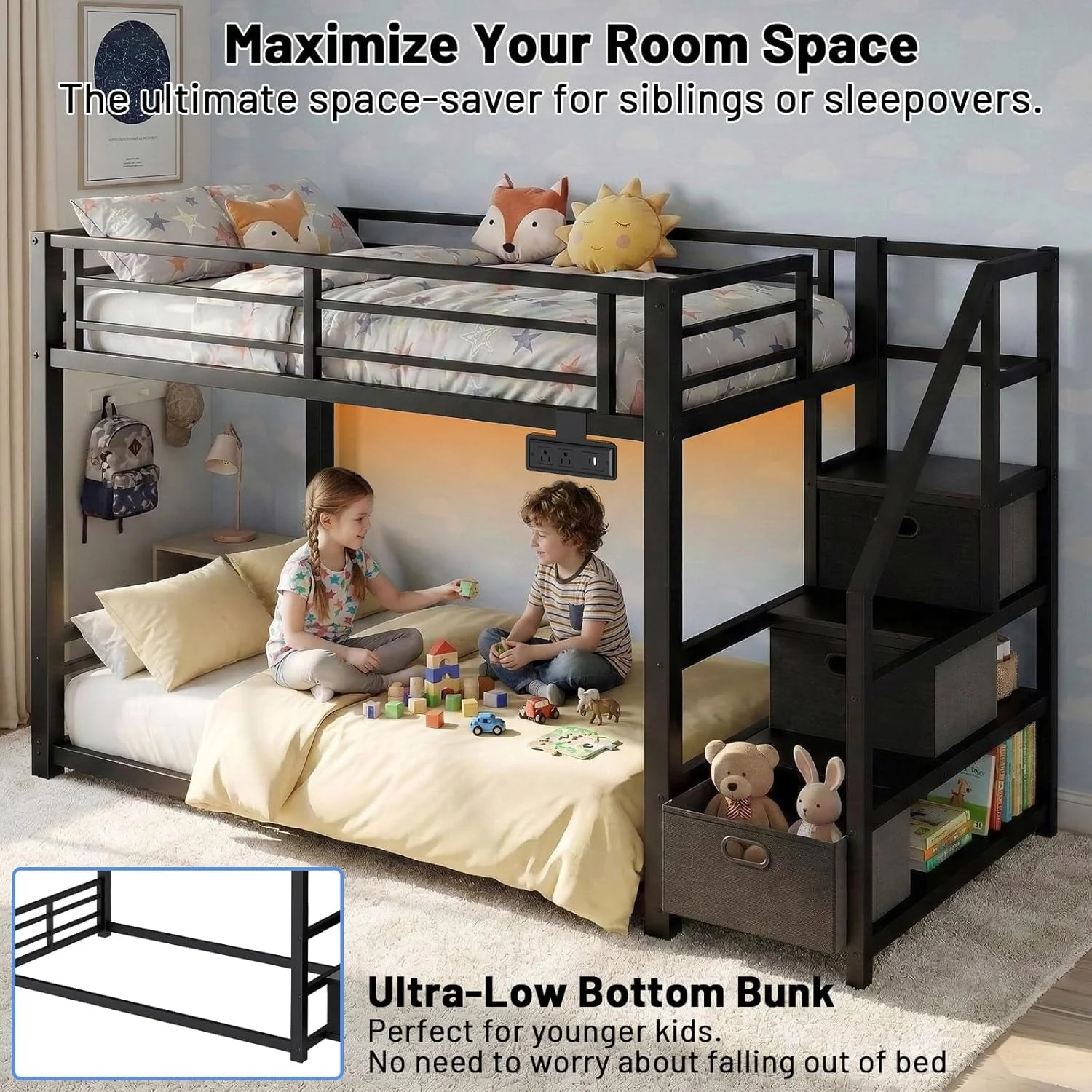 Convenient Black Twin Over Twin Metal Bunk Bed Storage Drawers Enhanced
