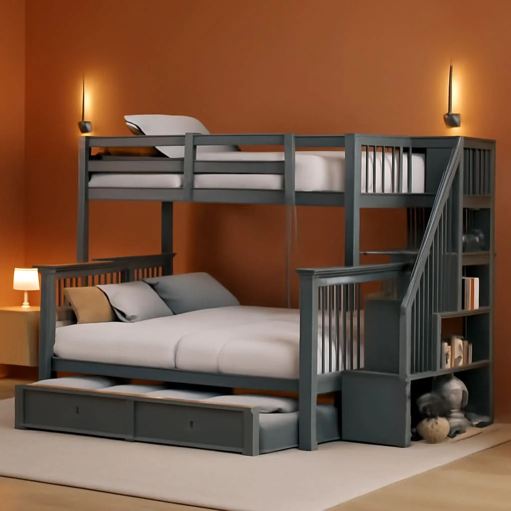 Elegant Twin Over Full Bunk Bed With Trundle Storage Shelves Grey High-End