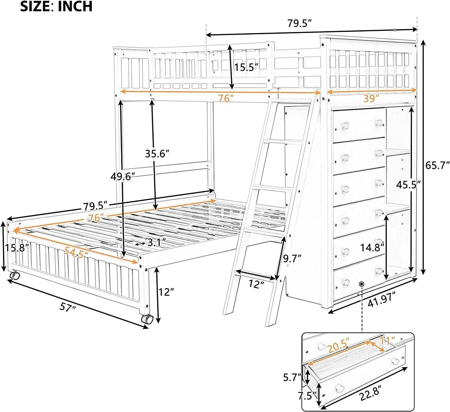 Pure Espresso Twin Over Full Bunk Bed With Six Drawers Shelves Excellent