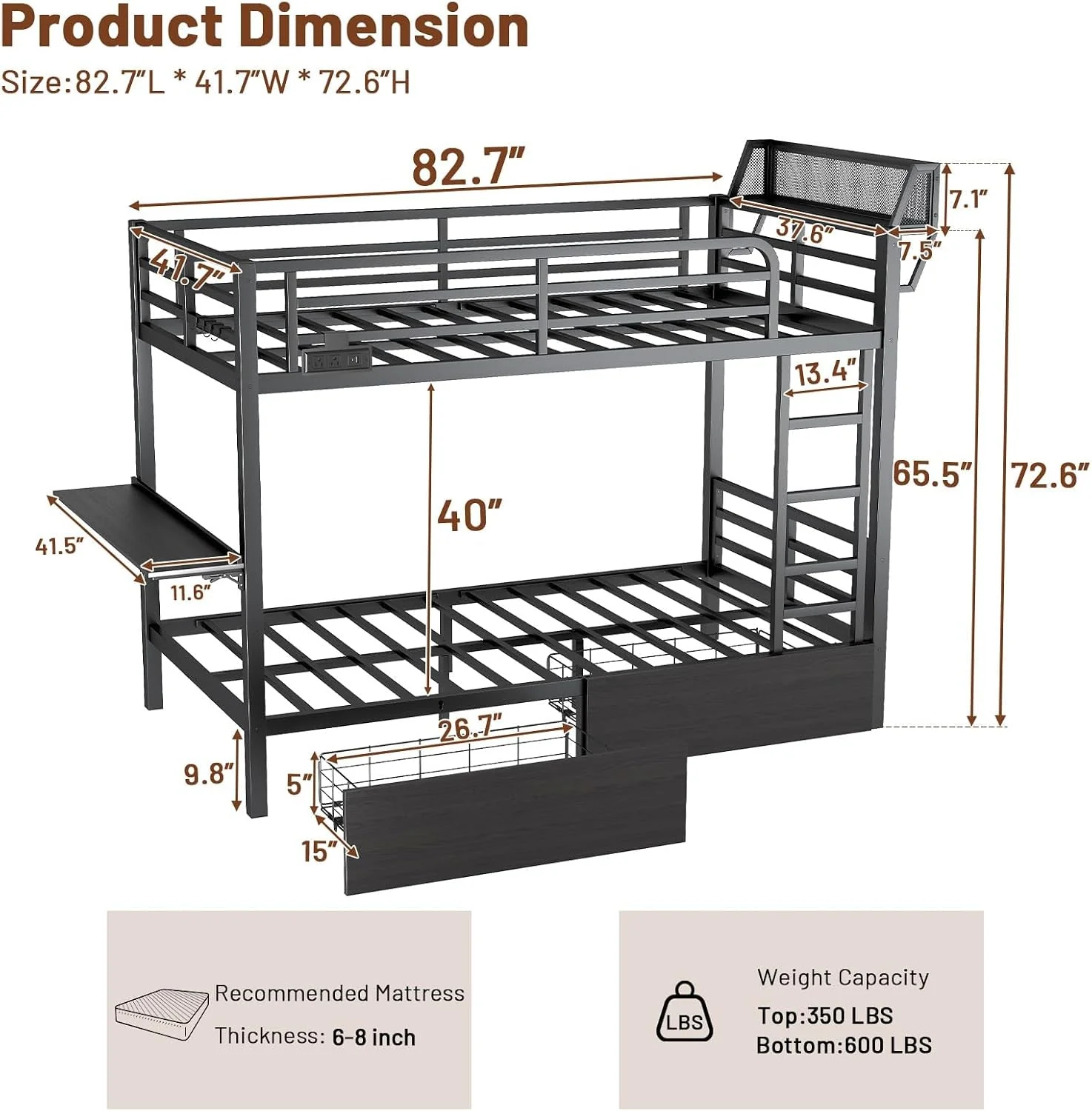 Eco-Friendly Black Twin XL Bunk Bed Foldaway Desk USB Charging Station Green
