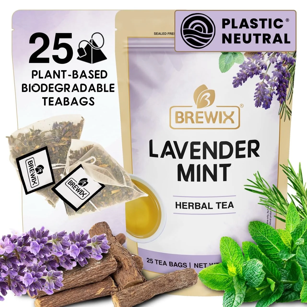 Soft Brewix Lavender Mint 25 Pyramid Tea Bags Herbal Caffeine Lavender with Peppermint and Rosemary Excellent