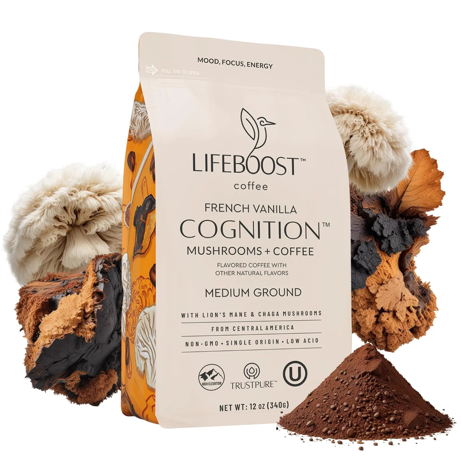 Minimalist Lifeboost French Vanilla Cognition Mushroom Coffee - Low Acid Medium Organic Coffee with Nootropic Lions Mane amp Chaga Mushrooms - Increase Energy Boost Focus amp Immune Support - 12 oz Bag - Ground Genuine
