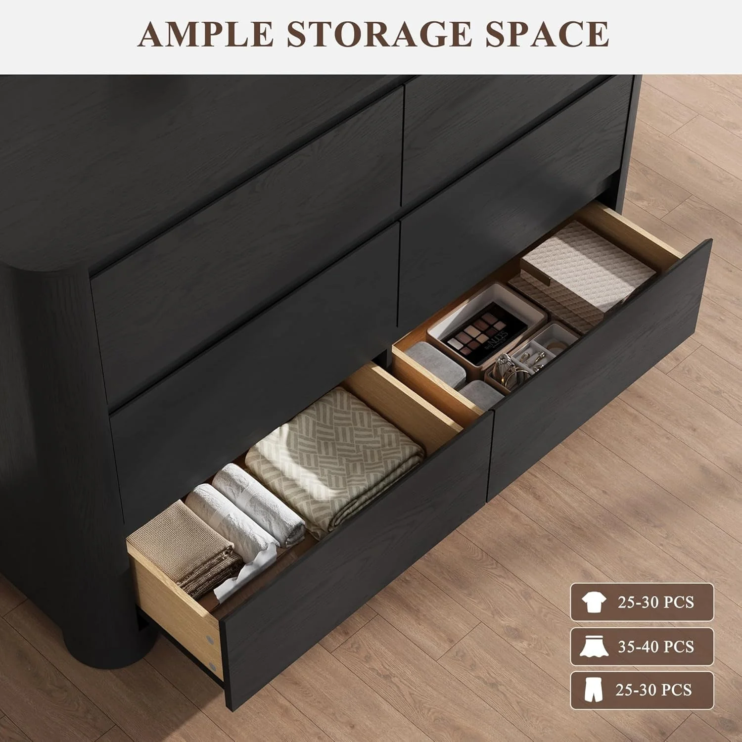 Carefully Designed Black Six Drawer Dresser With Contemporary Woodgrain Luxury