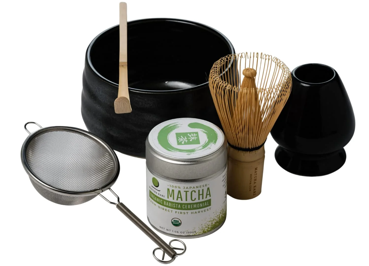 Long-Lasting Matcha Kari Dr. Weil Complete Tea Set - Black - Japanese Ceremonial Organic Matcha with Whisk and Holder Ceramic Bowl Sifter and Scoop Fine Crafted