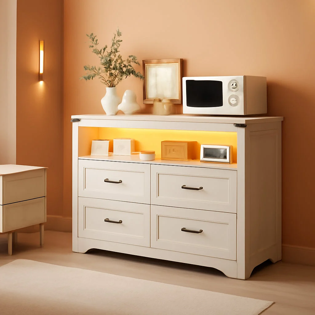 Smooth White Contemporary Wooden Dresser With LED Lighting Quality