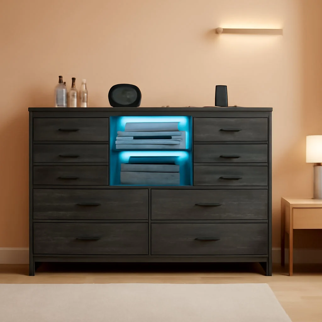 Secure Twelve Drawer Dresser With LED Illumination Systems Versatile