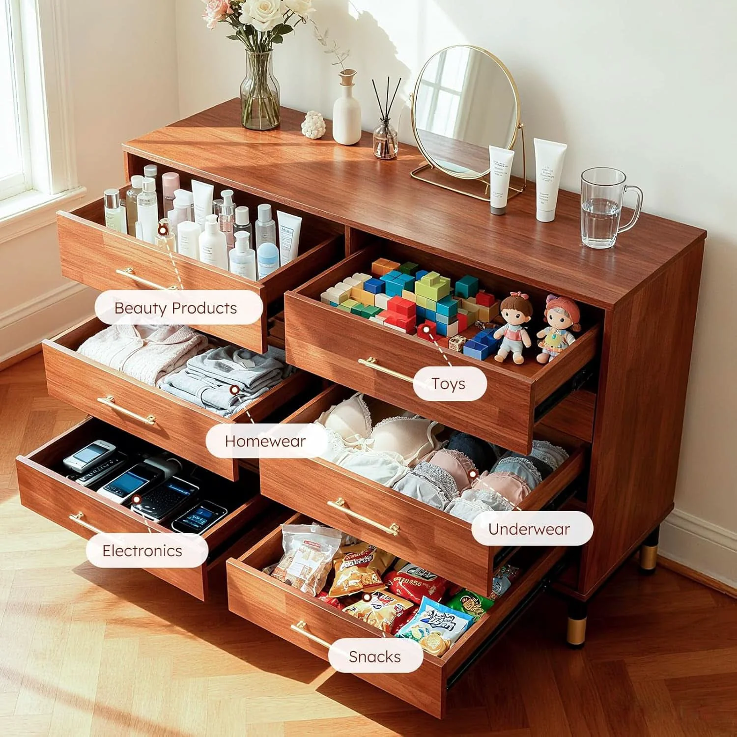 Dependable Walnut Dresser Six Drawer Storage Organizer Cabinet Versatile