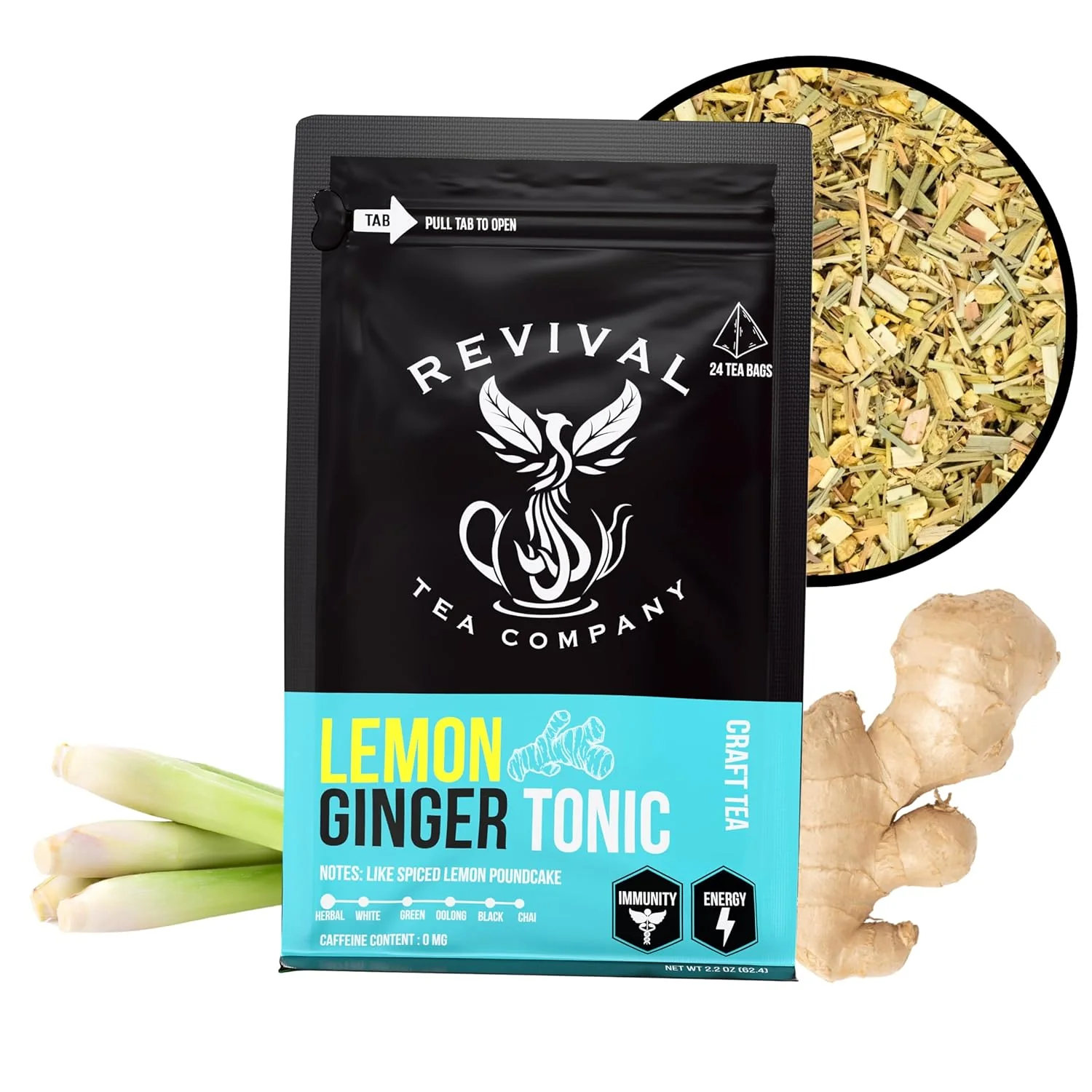 Efficient Revival Tea Company Lemon Ginger Tonic - Caffeine Herbal Tea Blend with Lemongrass and Ginger - 24 Tea Bags Smart