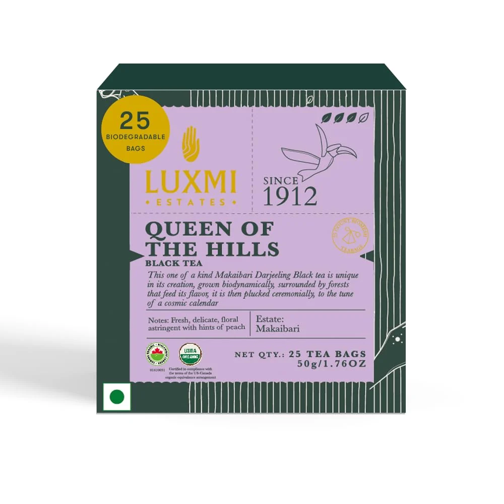 Refined Luxmi Estates Queen of the Hills Organic Darjeeling Black Tea Blend 25 Tea Bags 1.76oz Pack 25 Cups Direct from Garden Solid