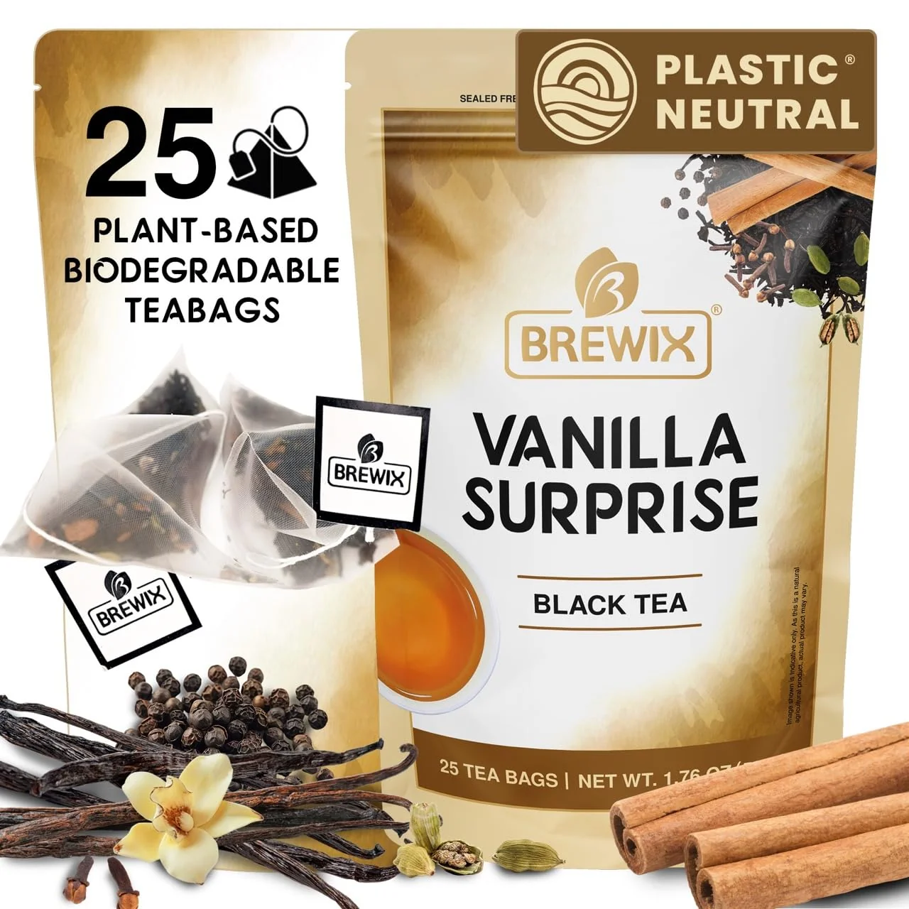 Unique Brewix Vanilla Spiced Chai Tea 25 Pyramid Tea Bags High Caffeine Gluten Blend Of Vanilla Masala Chai Tea Black Tea with Cinnamon Authentic