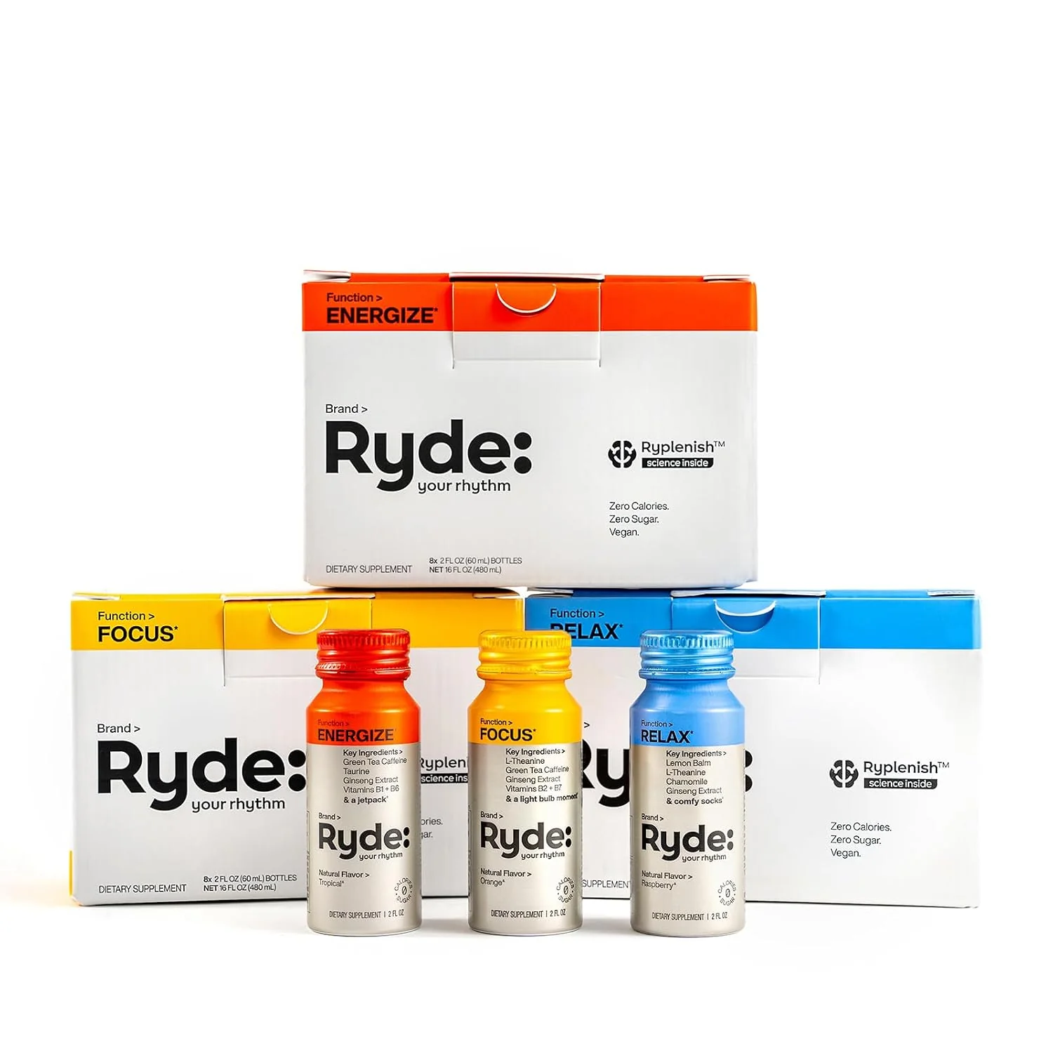 Durable RYDE Variety Shots Tropical Orange amp Raspberry Flavors 24 Pack energy and focus support calm support three-flavor assortment daily wellness supply vegan zero calorie Traditional