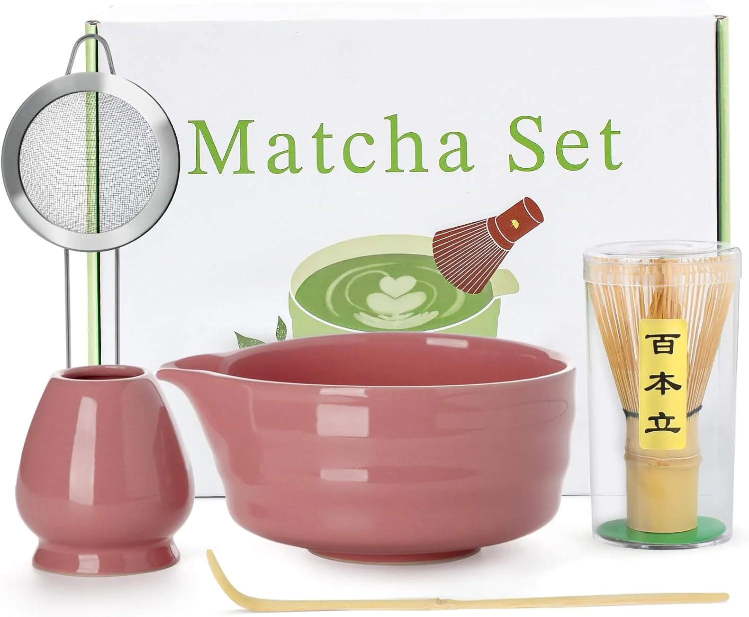Secure 5PCS Matcha Set - 17OZ Ceremonial Bowl with Spout Bamboo Whisk Chasen Stainless Sifter Scoop Holder Matcha Kit for Matcha Lovers Pink Comfortable