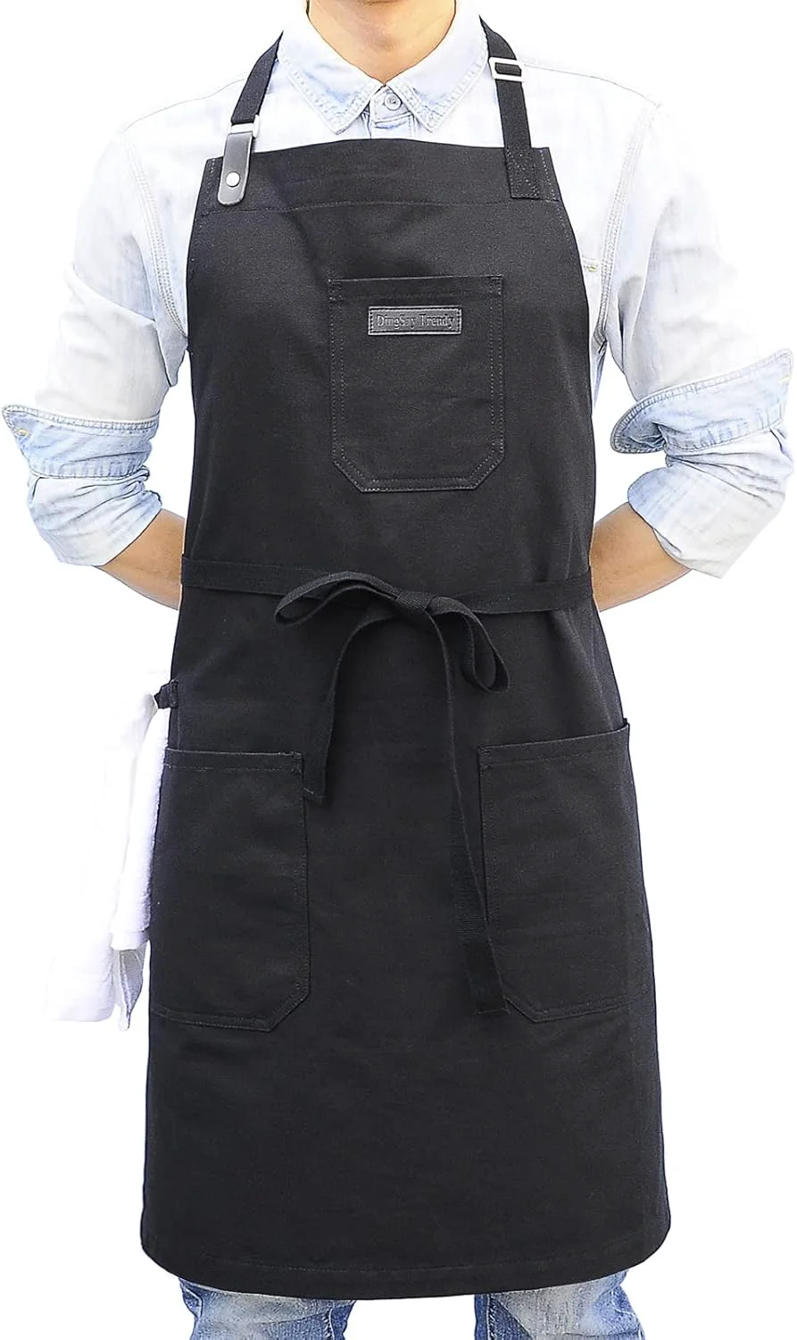 Functional Black Cotton Kitchen Apron Mens Womens Professional Cooking Bib Apron for Chef Grill BBQ with Pockets Towel Loop and Adjustable Neck Strap Fine