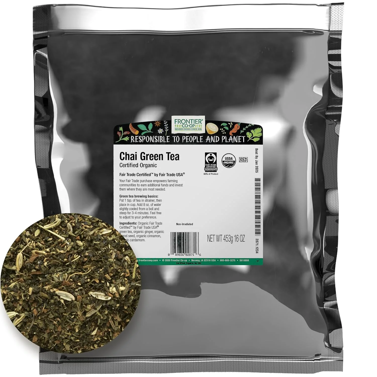 Natural Frontier Co-op Organic Chai Green Tea 1-Pound Bulk Robust Combination of Green Tea Spices Great as Hot Tea Fair Trade Minimalist
