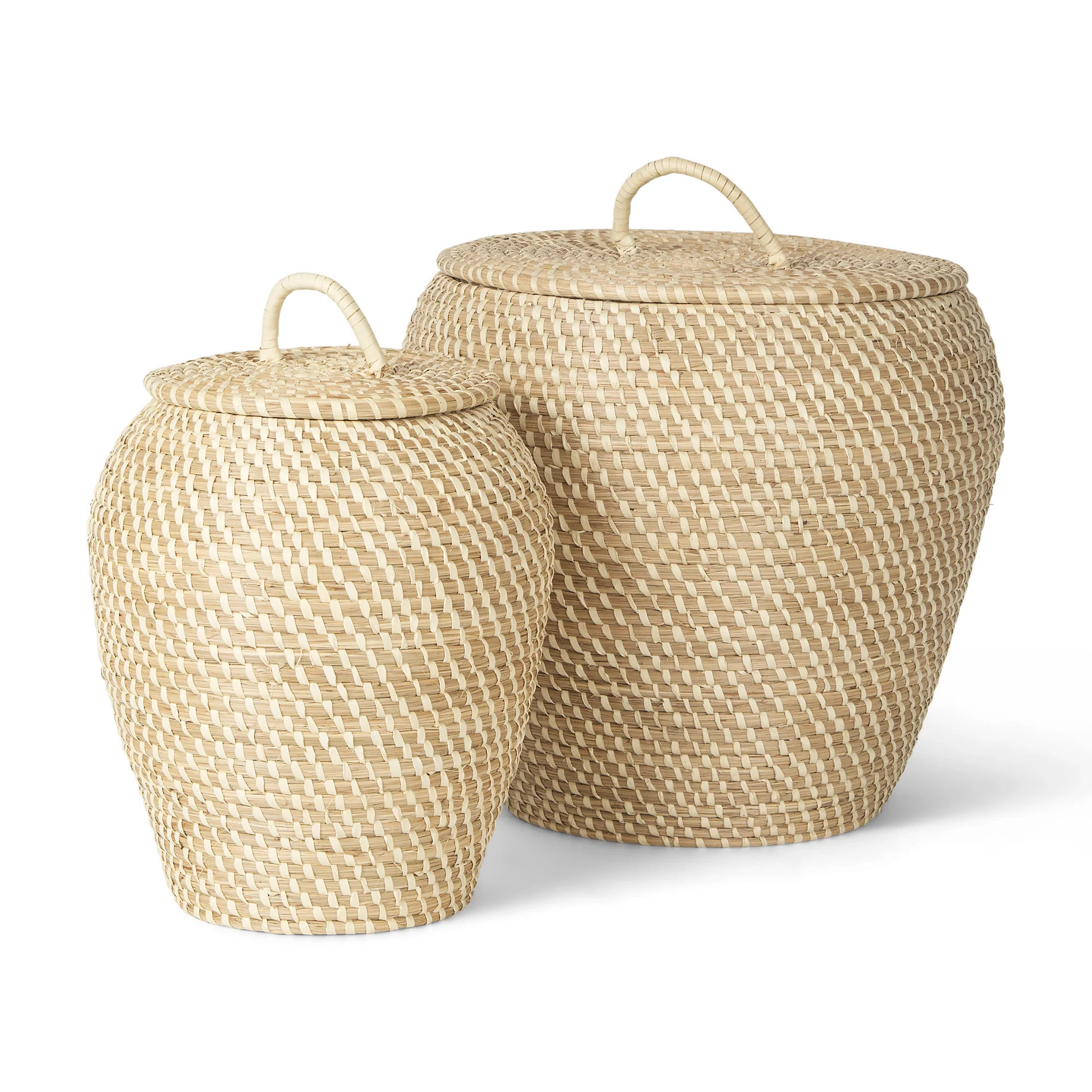 Relaxed Kalopa Set of 2 Seagrass Floor Baskets w Flat Handled Lid Premium Material