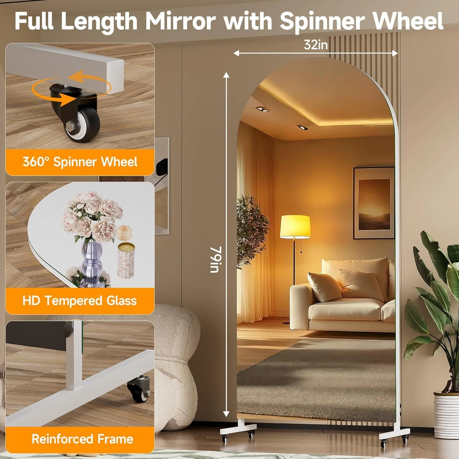 Comfortable 79 Inches Architectural Full Length Mirror Wheeled Casual