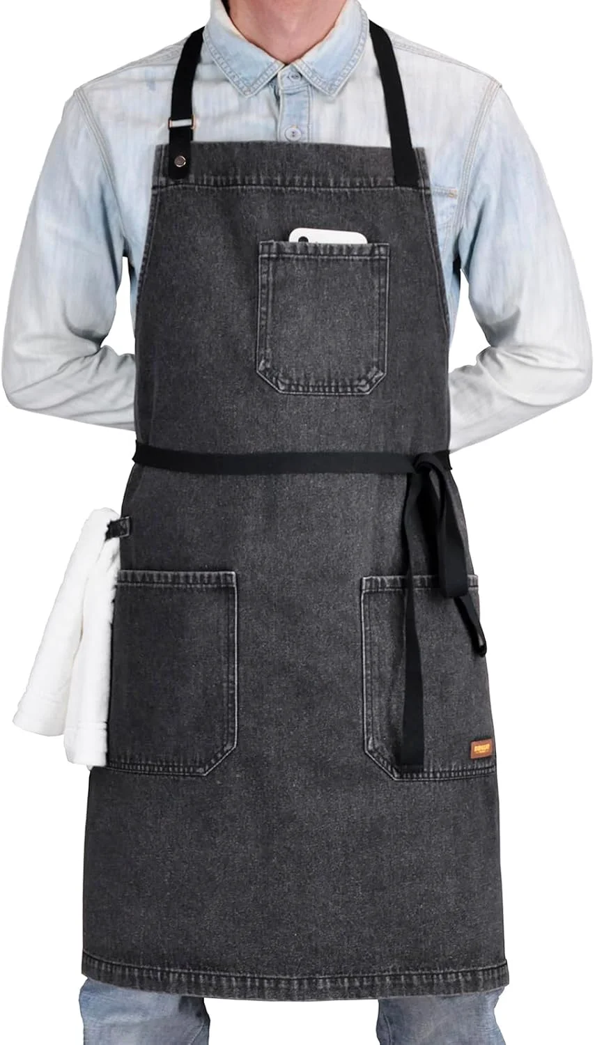 Modern Cooking Apron with Pockets Mens Womens Professional Kitchen Bib Apron for Chef Grill BBQ Black Denim -2 Smooth