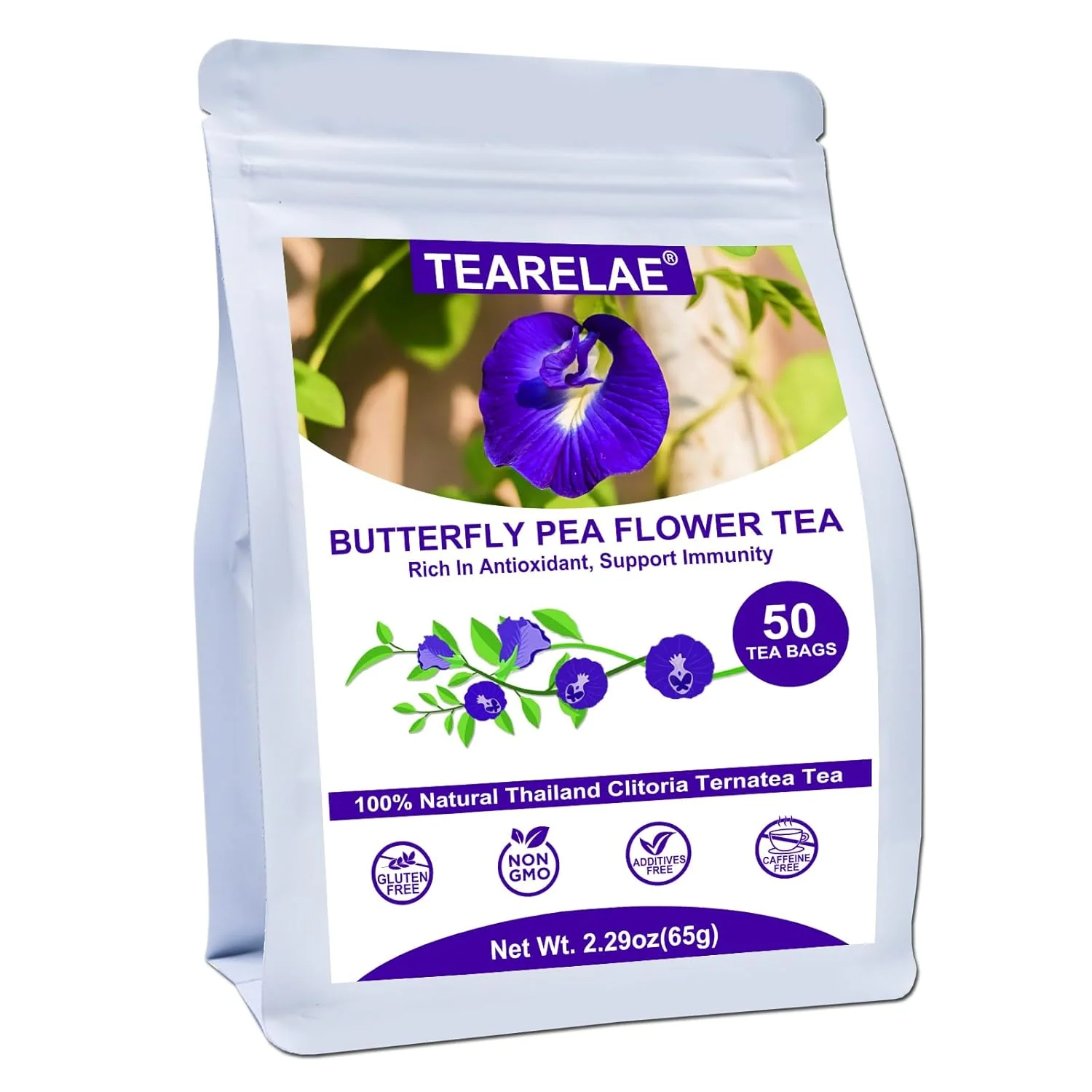 Authentic Tearelae - Butterfly Pea Flower Tea - 50 Count Butterfly Pea Flower Tea Bags - Natural Coloring for Food Baking Iced Tea - Caffeine- Non-GMO Luxury