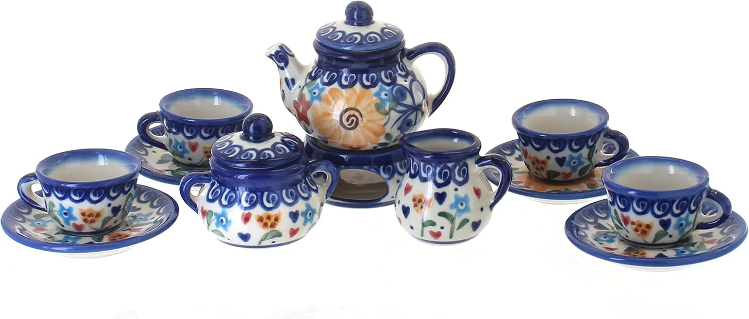 Crafted Blue Rose Polish Pottery - Yellow Butterfly Miniature Tea Set - 1 Set - Polish Pottery Collectible Tea Set with Teapot Cups Decorative Gift Secure