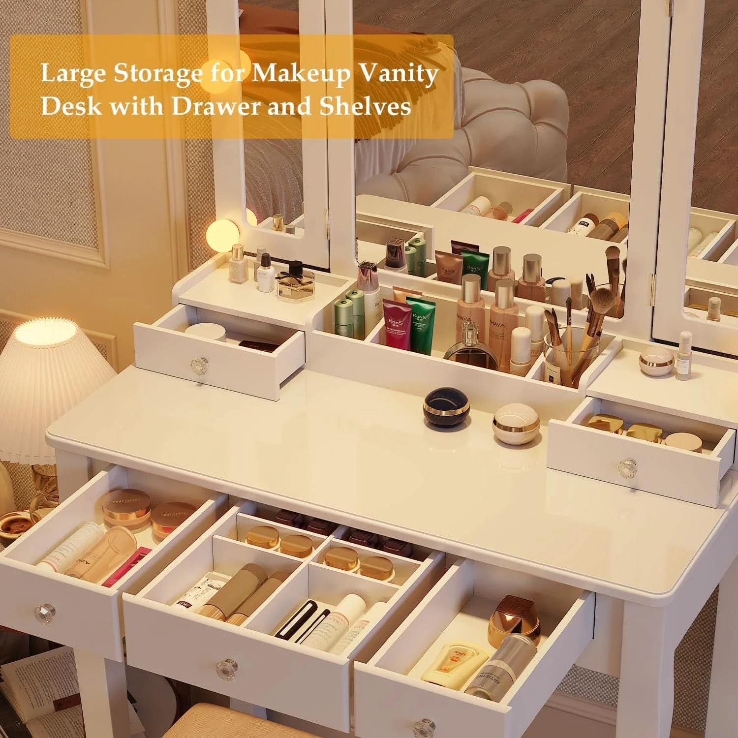 Secure Makeup Vanity Desk With Highgloss LED Illumination Reliable