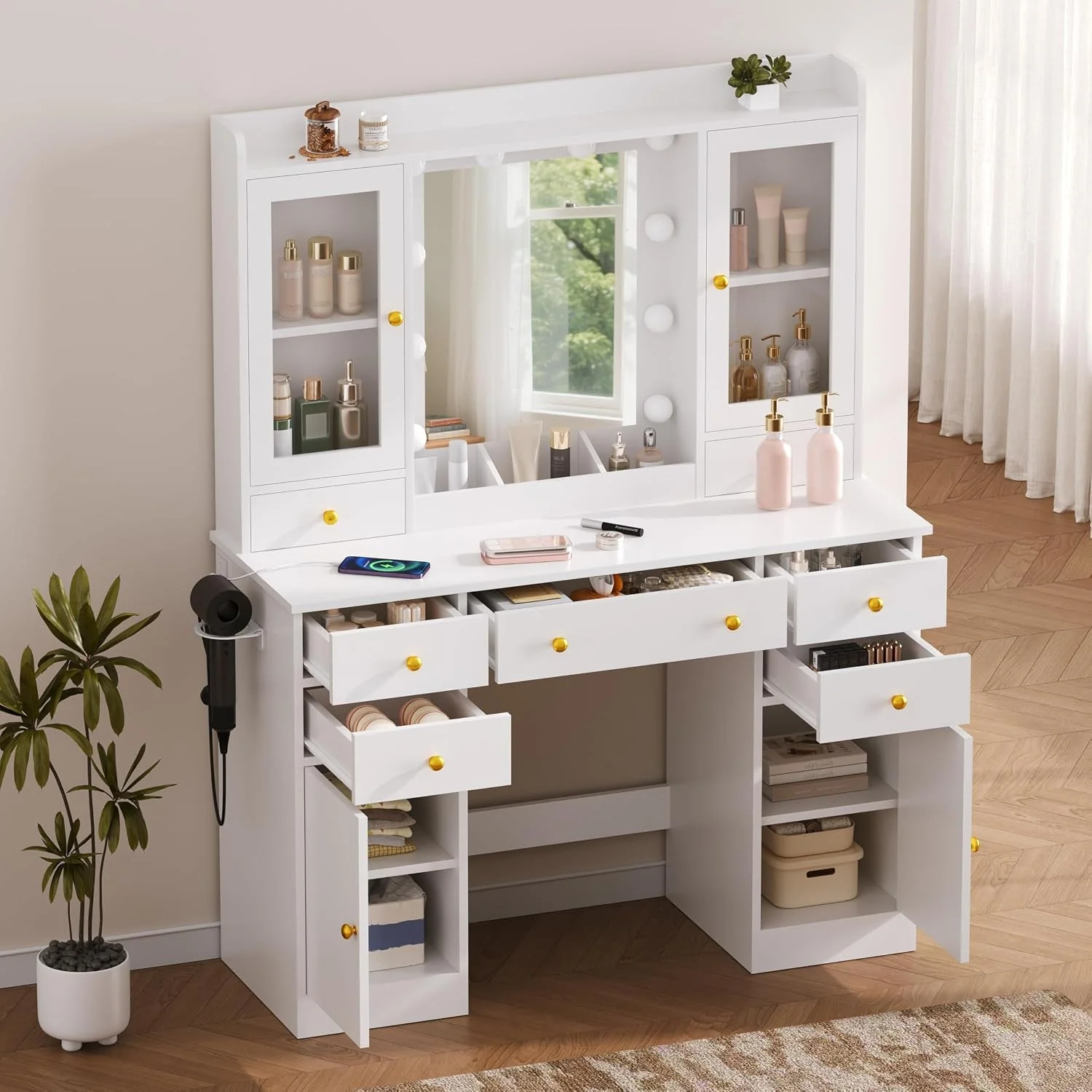 Authentic White Vanity Desk With Adjustable Multicolor Lighting Recyclable