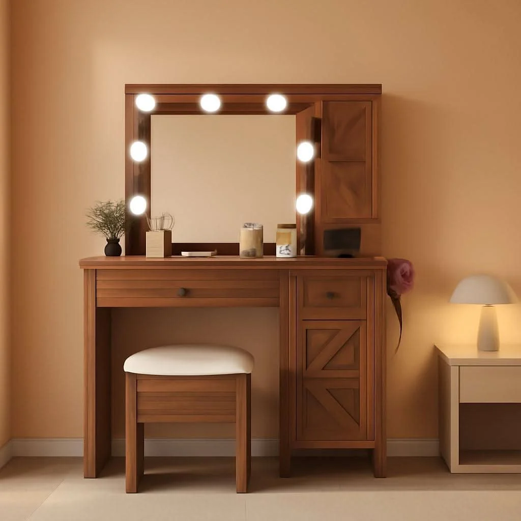 Top-Quality Contemporary Rustic Brown Vanity Desk With Lighting Artisan