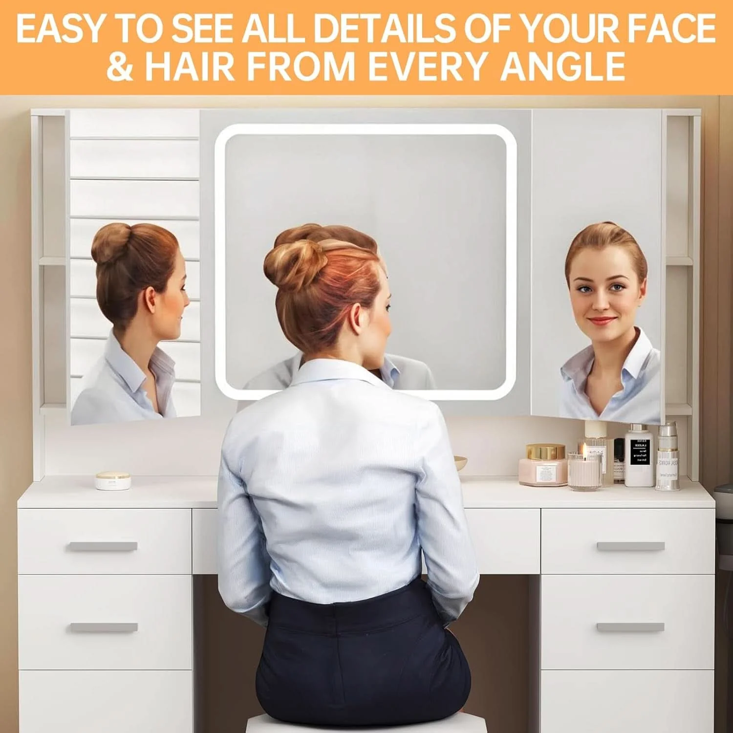 Functional White Premium Vanity Desk Featuring Oversized Mirror Contemporary