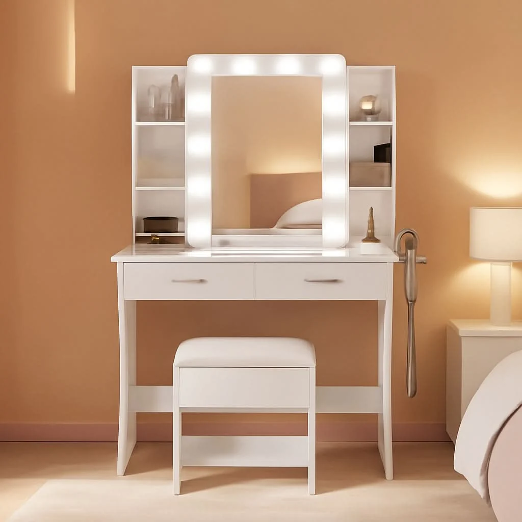 Flexible Vanity Desk White Ceramic Finishes LED Illumination Solid