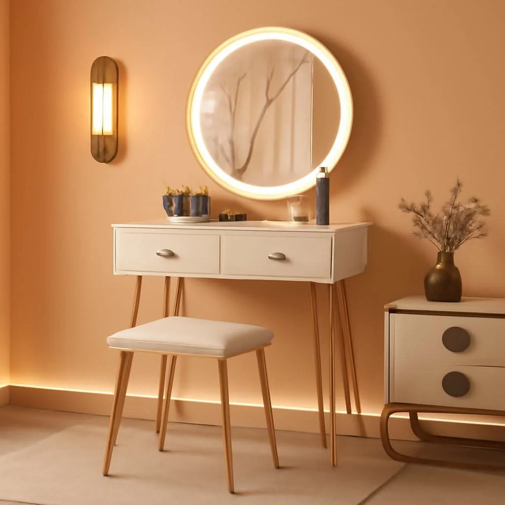 First-Class Makeup Vanity Desk White Goldtone Illuminating Mirror Excellent