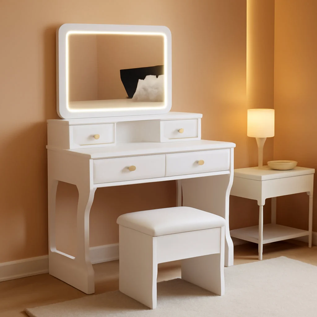 Practical White Vanity Desk Featuring Multifunctional LED Mirror Excellent