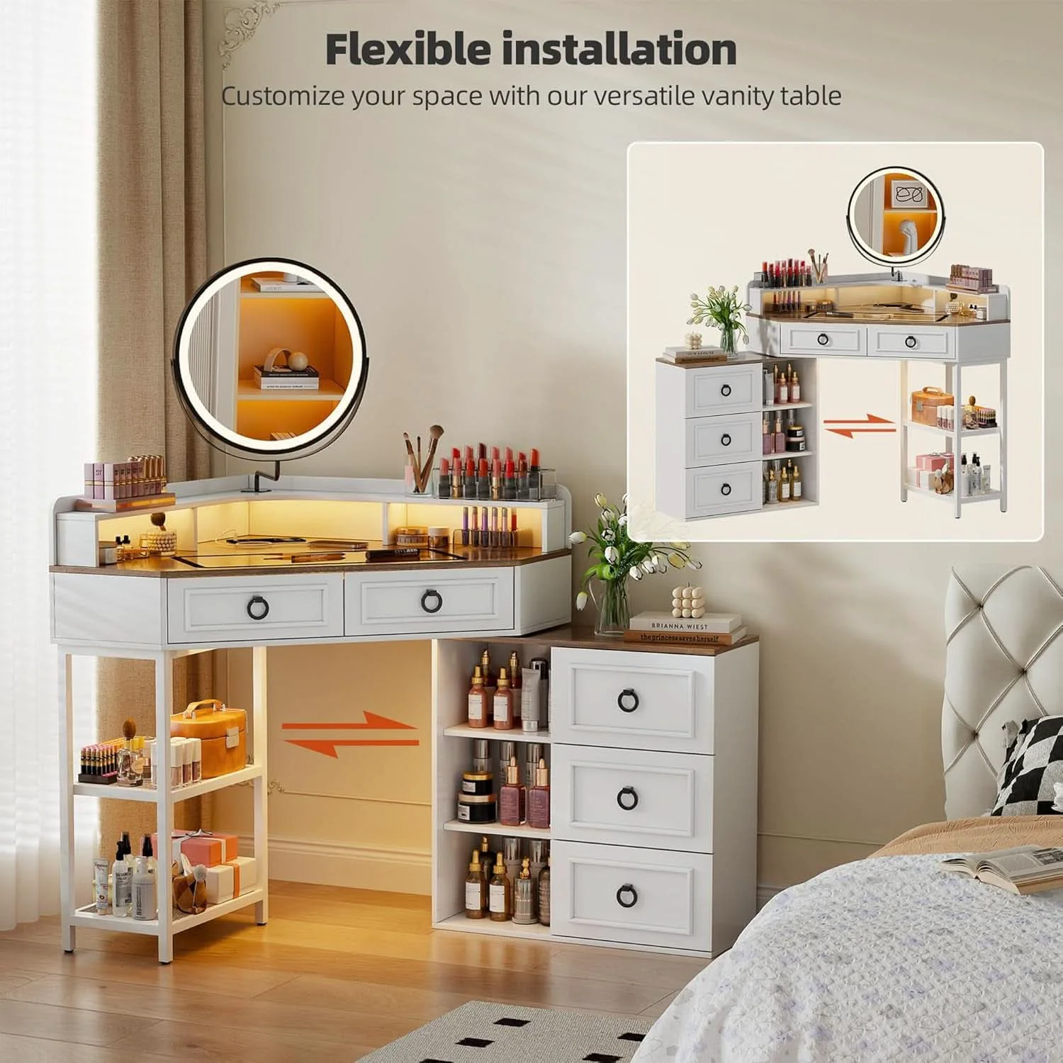 Excellent Corner Vanity Desk With Rotating Mirror Illumination Efficient