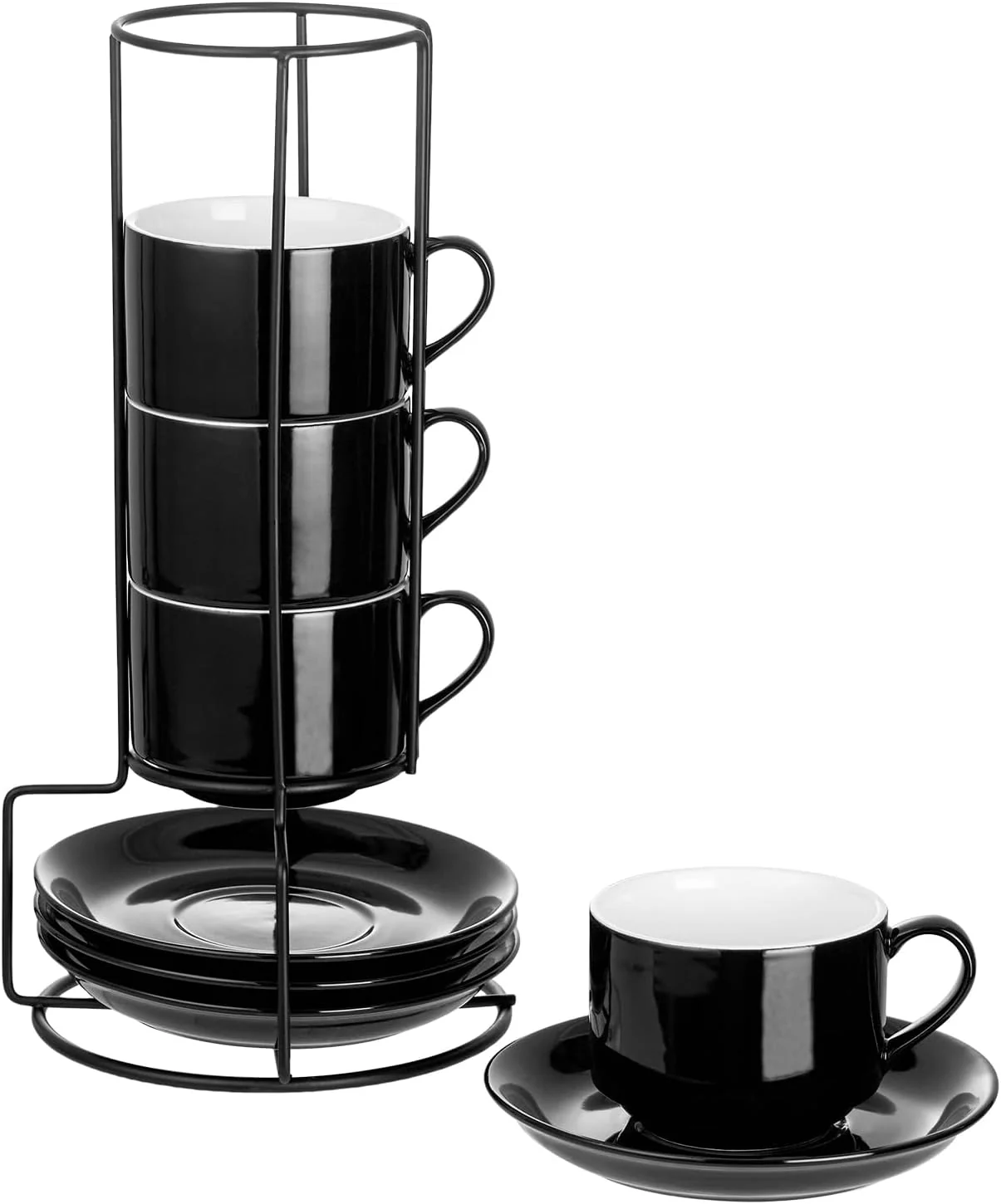 Clean Yolife 8oz Porcelain Stackable Cappuccino Cups with Saucers and Metal Stand Set of 4 Coffee cups for Espresso Specialty Coffee Drinks Latte Classic